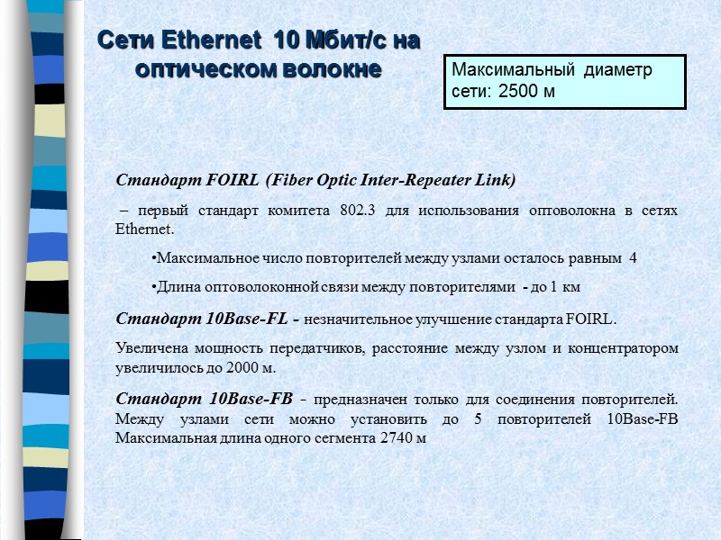 Сети Ethernet  10 Мбит/с на оптическом волокне  Стандарт FOIRL (Fiber Optic Inter-Repeater